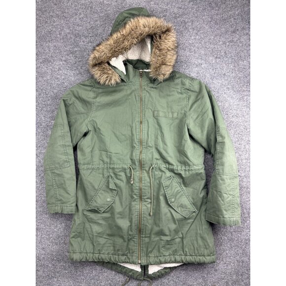 GAP Jacket Womens L Green Sherpa Lined Fishtail Parka Faux Fur Hood Drawstring - Picture 1 of 7